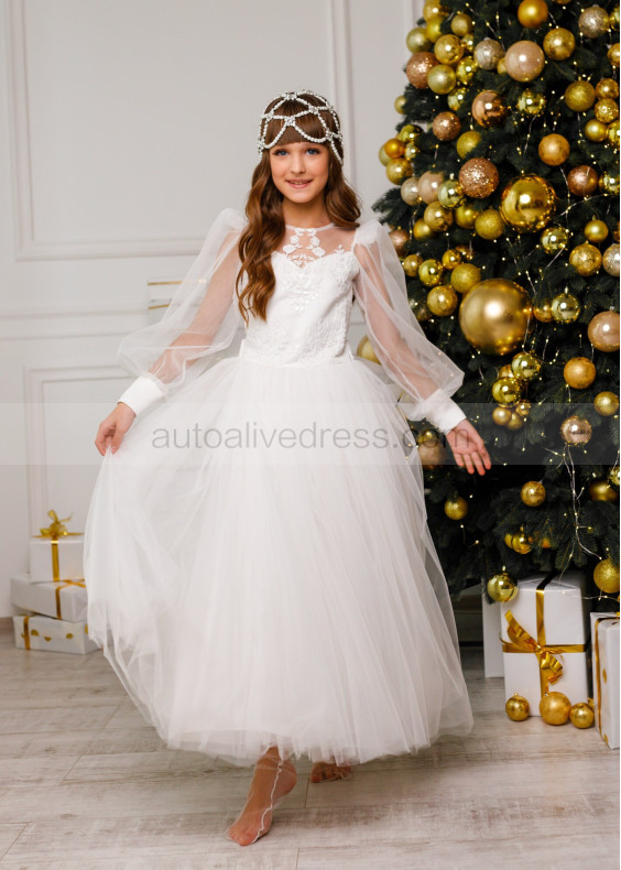 Long Sleeves Ivory Lace Tulle Flower Girl Dress Communion Dress